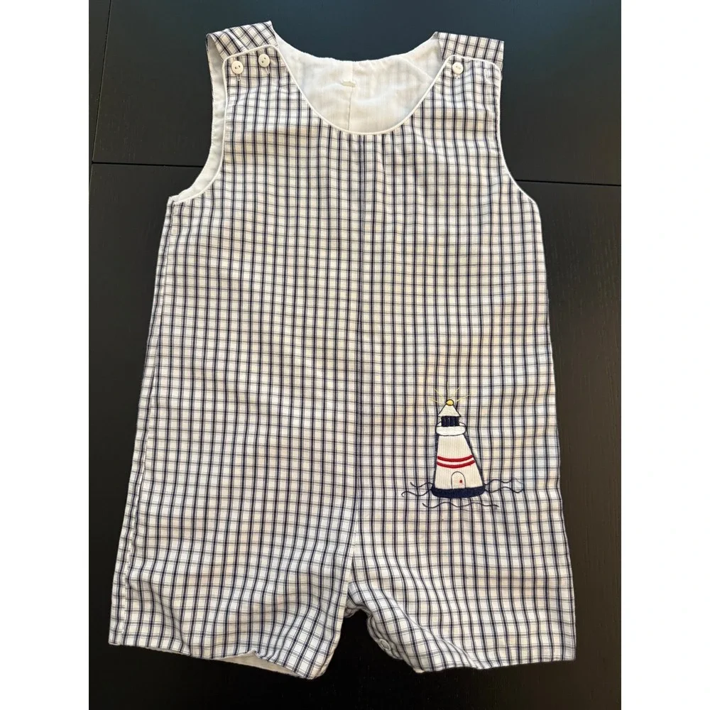 Boys Embroidered Lighthouse Romper Size 24 Mths Blue/White Lined Check One-Piece